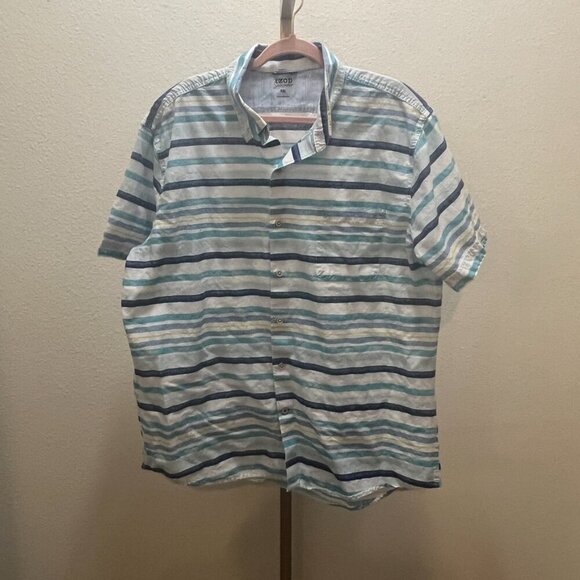 Izod Saltwater Shirt Mens XXL Blue White Yellow Striped Vacation - Picture 2 of 5